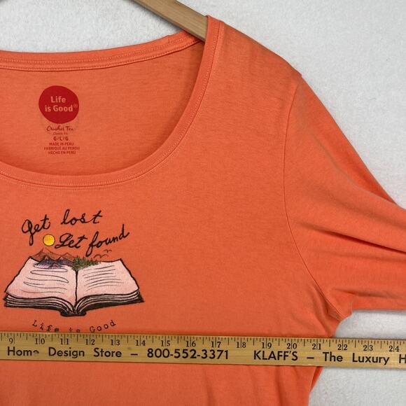 LIFE IS GOOD Shirt Womens L Get Lost Get Found Book Crusher Tee Cotton Orange - Picture 10 of 12